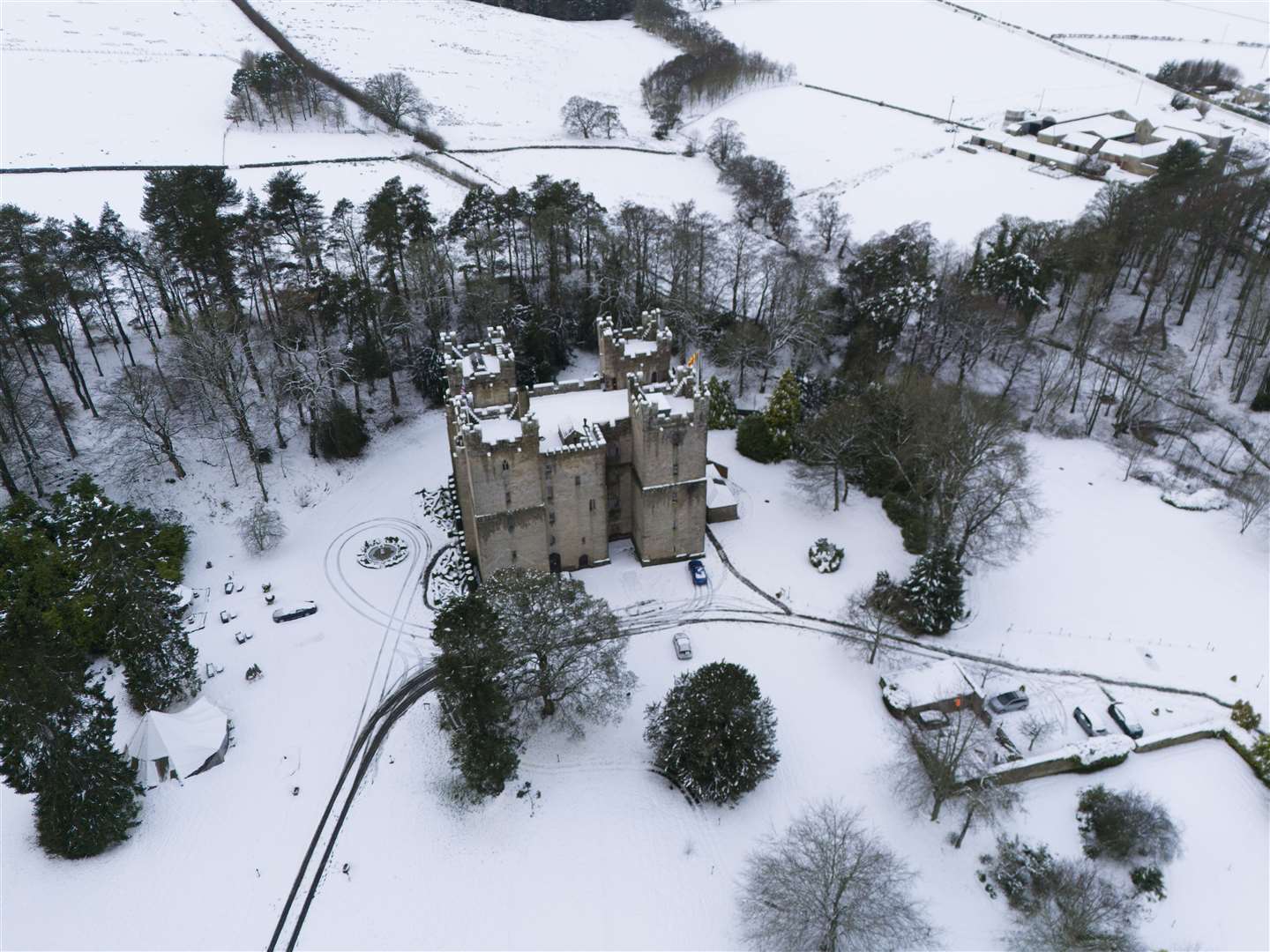 Snow surrounds the Langley Castle Hotel in Langley, Hexham, Northumberland (Owen Humphreys/PA)