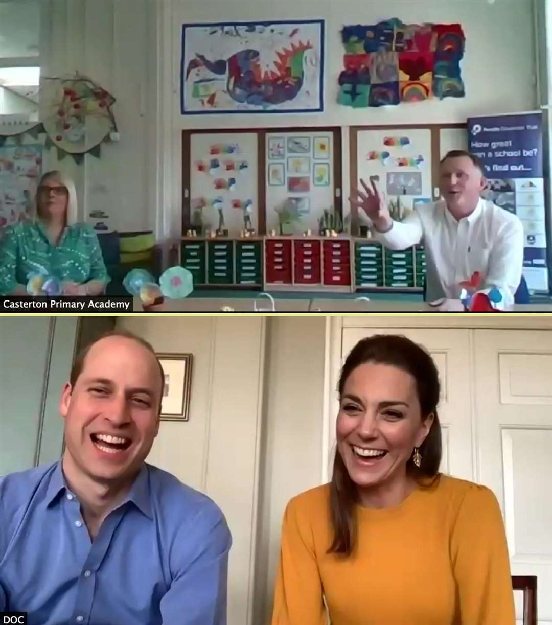 The Duke and Duchess of Cambridge on a video call with staff and teachers from Casterton Primary Academy in Burnley (Kensington Palace/PA)