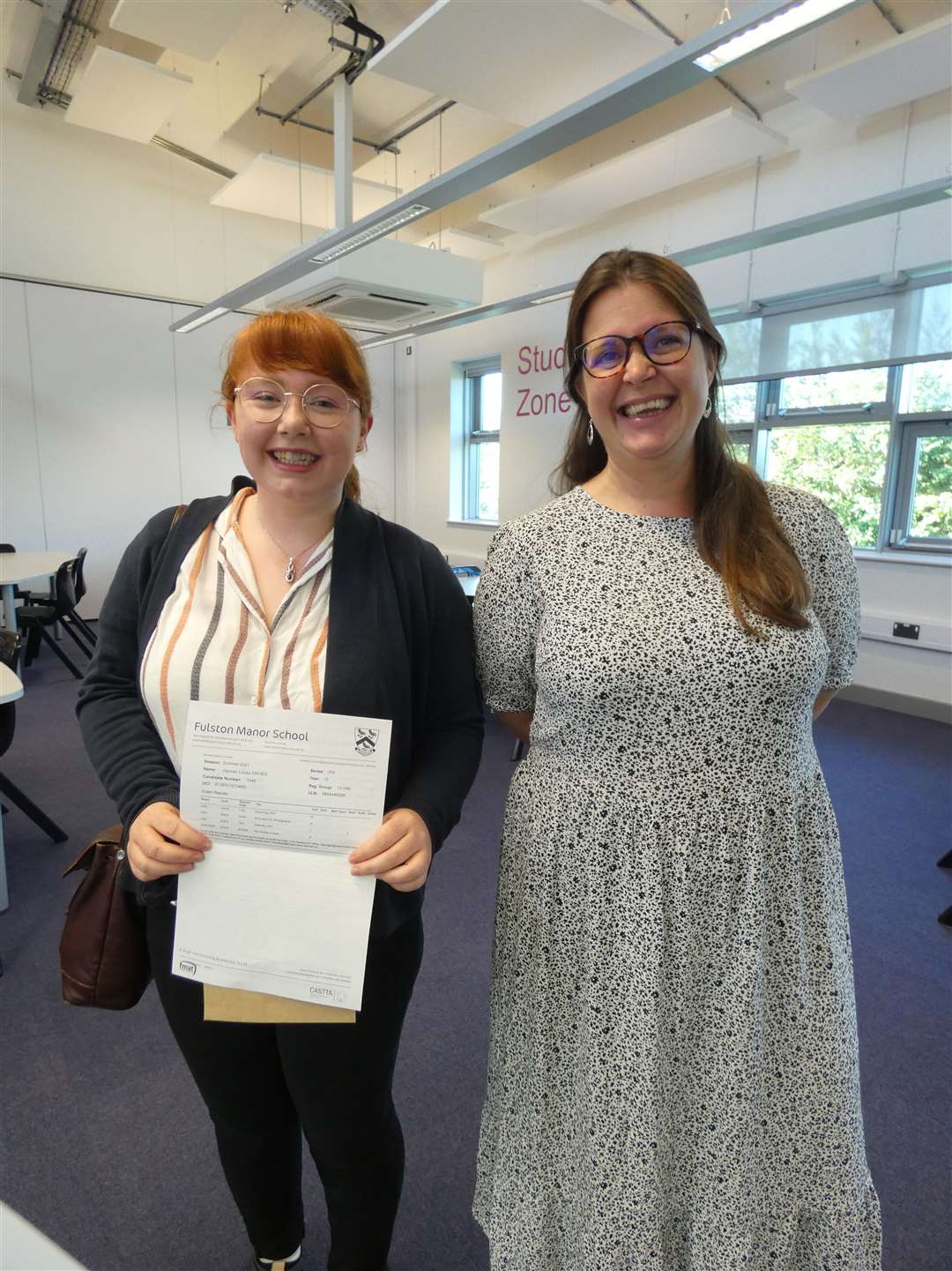 Fulston Manor A-level pupil Hannah Davies with head of school Susie Burden. Hannah is off to study film production