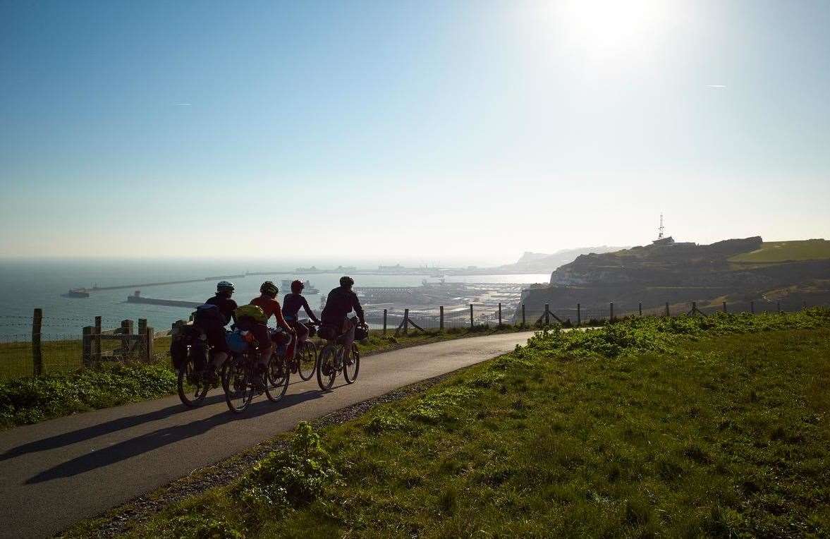 A group of cyclists ride along the coast towards Dover. Picture: Cycling UK