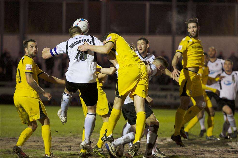 Elliot Bradbrook wins a header in the box (Pic: Andy Payton)