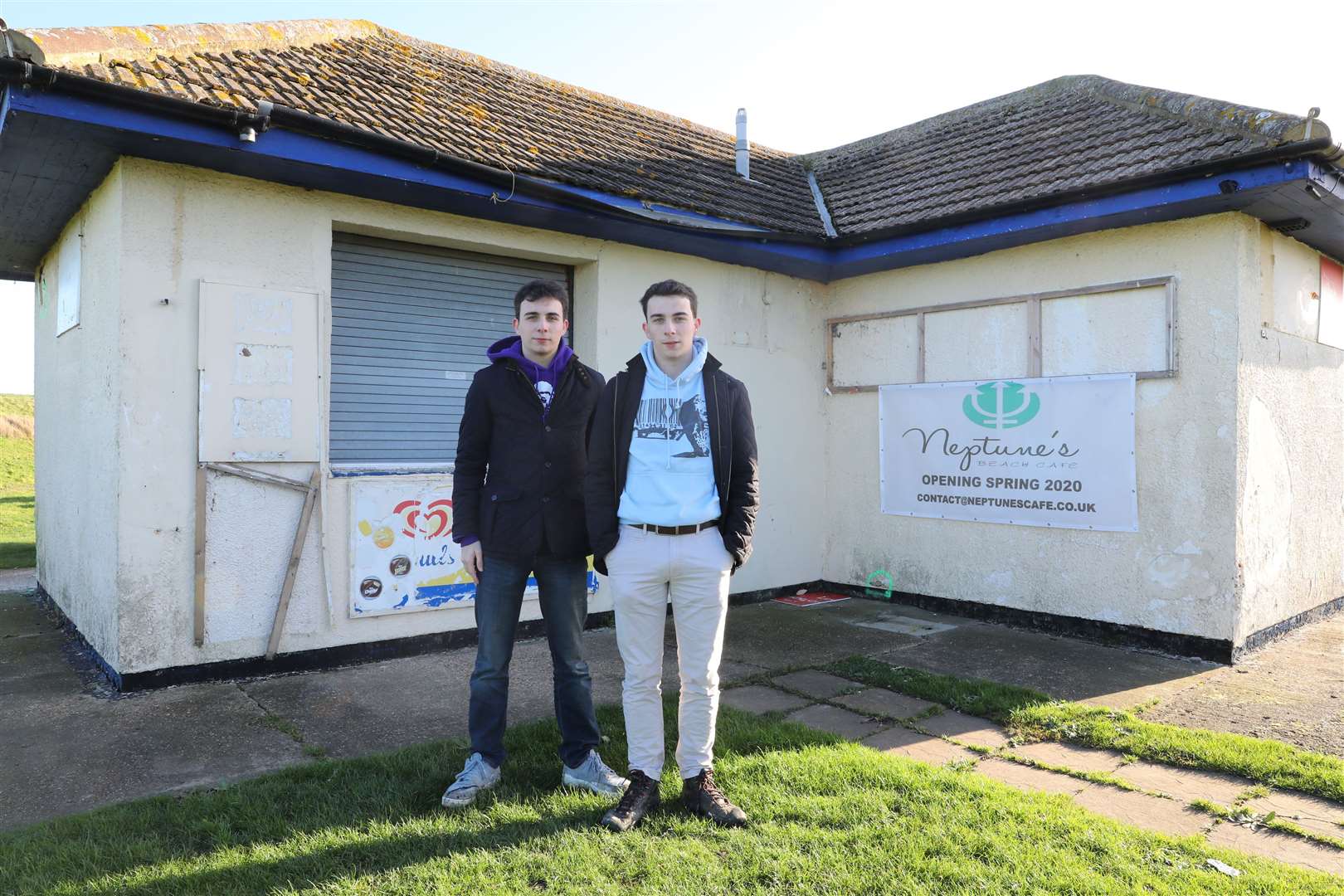 New owners Henry and Oliver Eakin outside Neptune's Beach Cafe, which will open in April this year