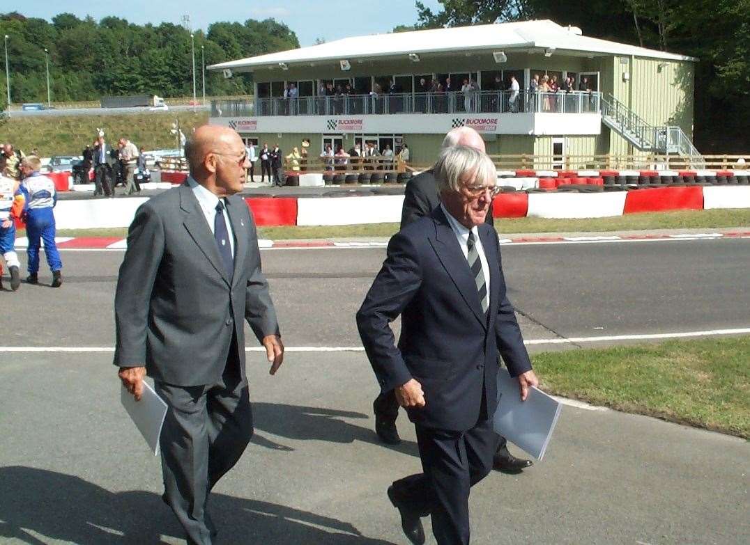 Ecclestone and Moss prepare to leave Buckmore after opening the new clubhouse in 2003