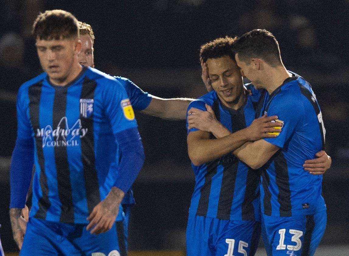 Elliott List is congratulated by Callum Reilly after opening the scoring Picture: Ady Kerry