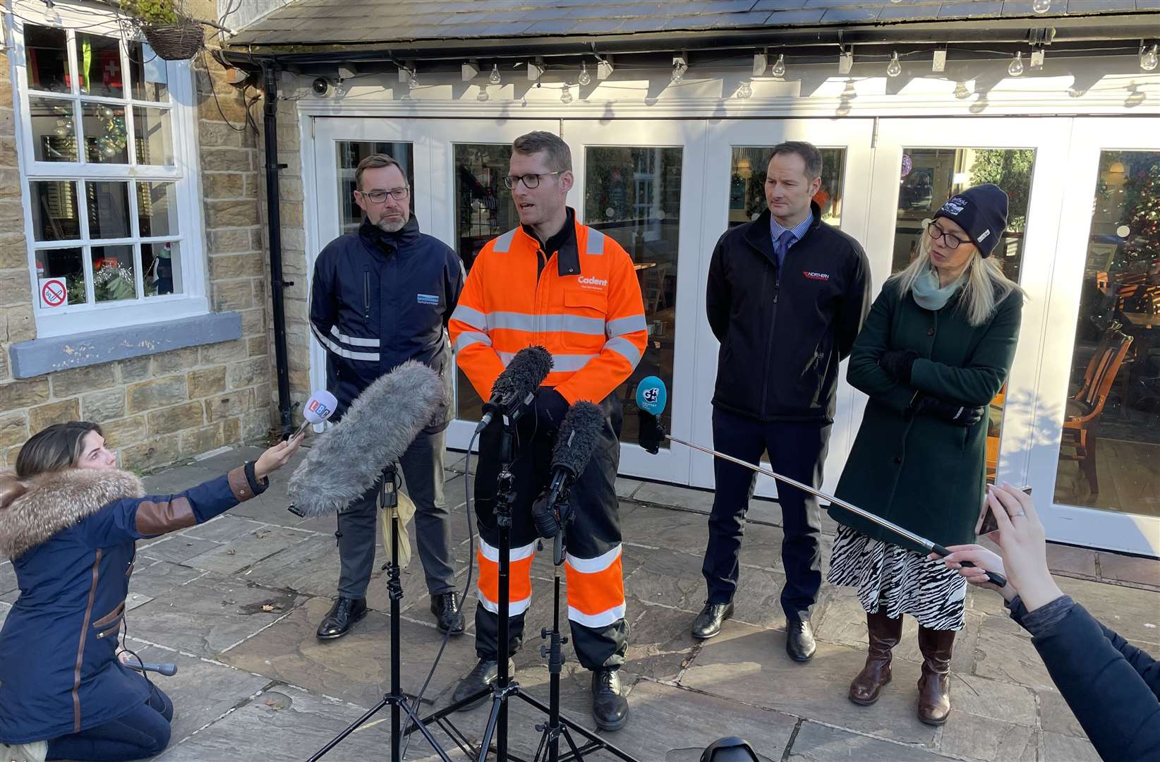 Richard Sansom, Cadent’s East Midlands Network Director, speaks to the media outside the Peacock Pub, in Stannington, flanked by representatives from other agencies working to restore gas supplies (Dave Higgens/PA)