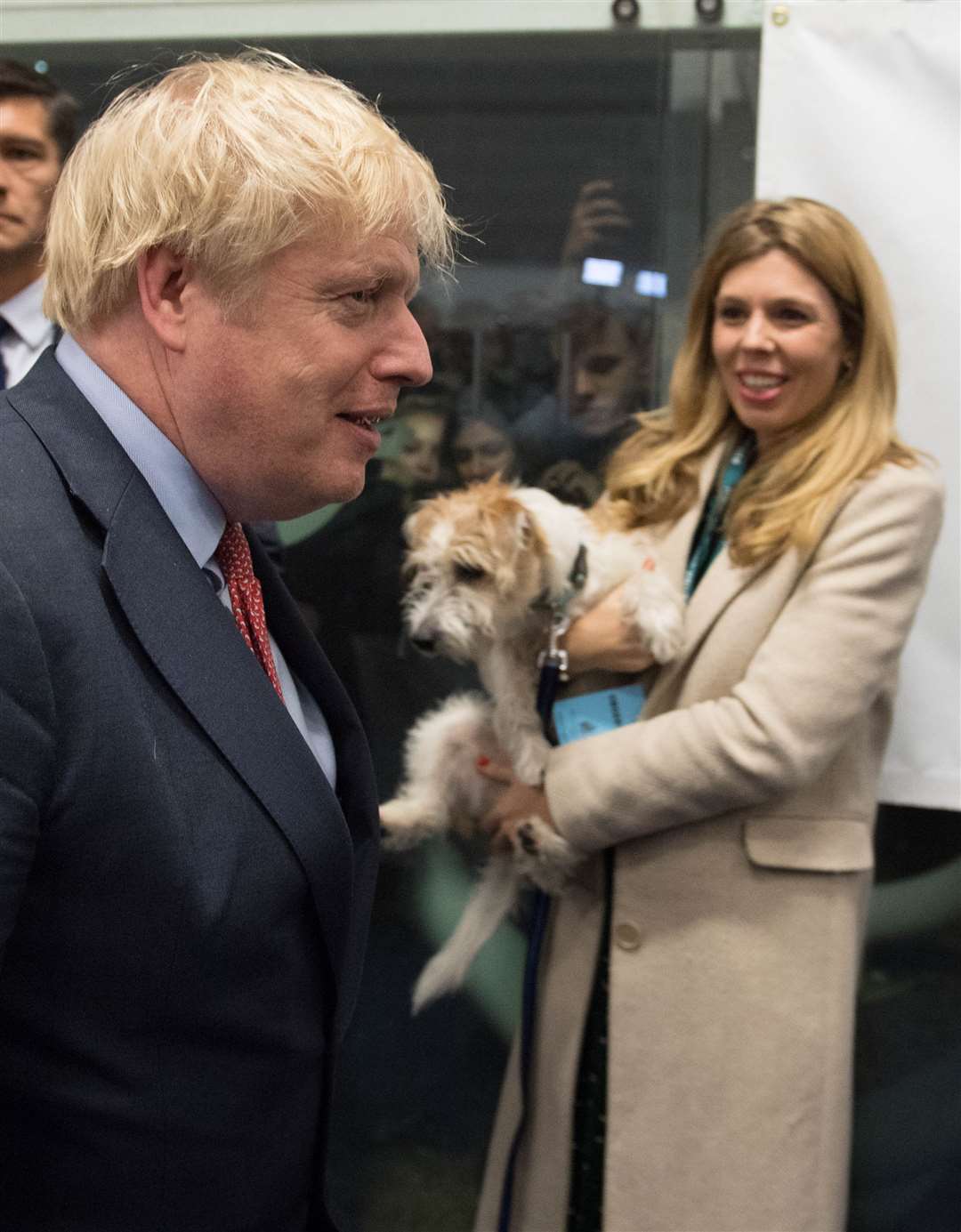 Mr Johnson and Ms Symonds with Dilyn the dog at the count for the Uxbridge & Ruislip South constituency in the 2019 election (Stefan Rousseau/PA)