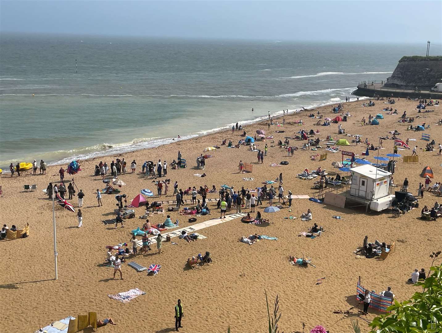 The filming took place as many families headed to the beach to enjoy the warm weather