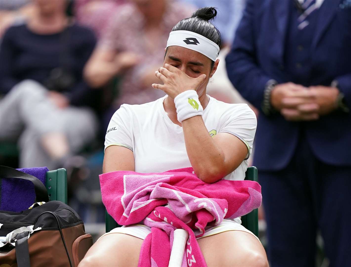 Ons Jabeur reacts during the ladies’ singles final against Marketa Vondrousova (PA)