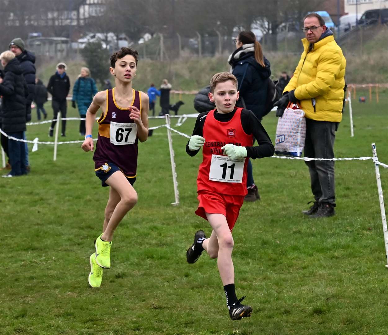 Noah Collins (No.11) gave Bexley victory in the Year 7 boys’ race. Picture: Simon Hildrew