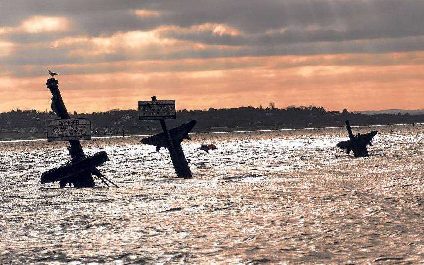 Masts of the wreck of the SS Richard Montgomery bomb ship off Sheerness