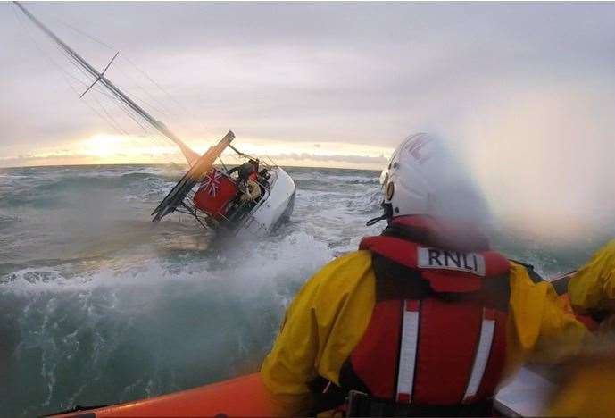 The yacht was found aground and taking on water near Deal. Picture: RNLI/Christopher Winslade