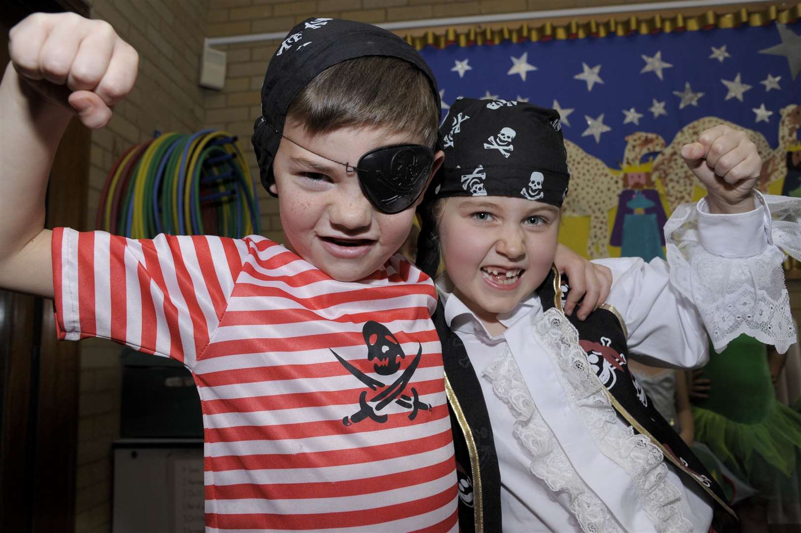 Pirates Shay and Abigail, both six, from Badgers Class at South Avenue Infants School performing Peter Pan