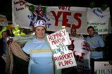 Pro-expansion campaigners outside Folokestone Civic Centre for Lydd Airport decision