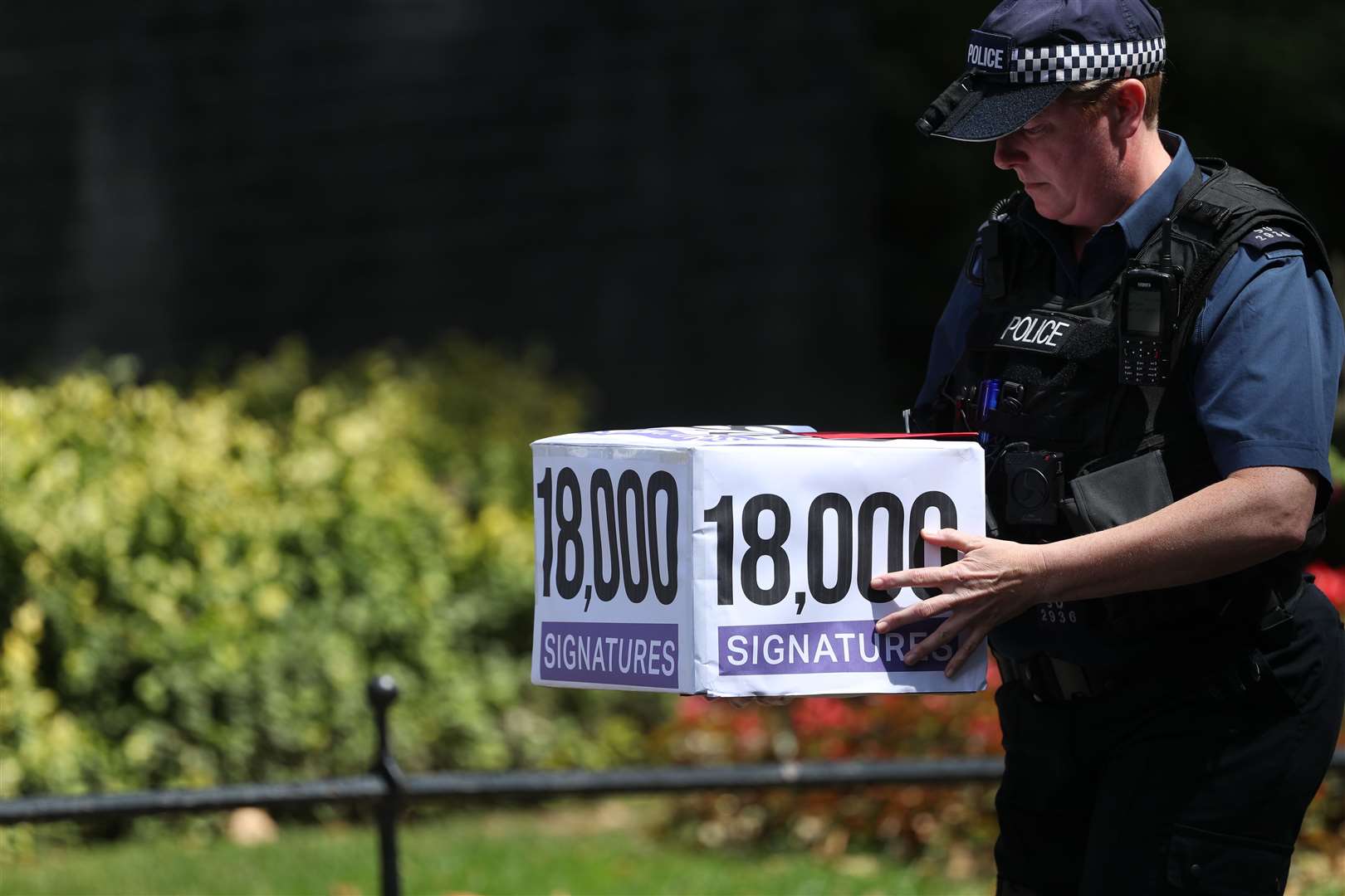 A police officer delivers a petition from Disability rights activist, Heidi Crowter, calling for changes to the new abortion laws in Northern Ireland, to 10 Downing Street (Yui Mok/PA)