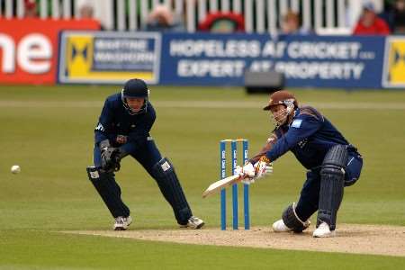 Niall O'Brien watches as Mark Ramprakash plays a cut shot before getting himself run out. Picture: BARRY GOODWIN