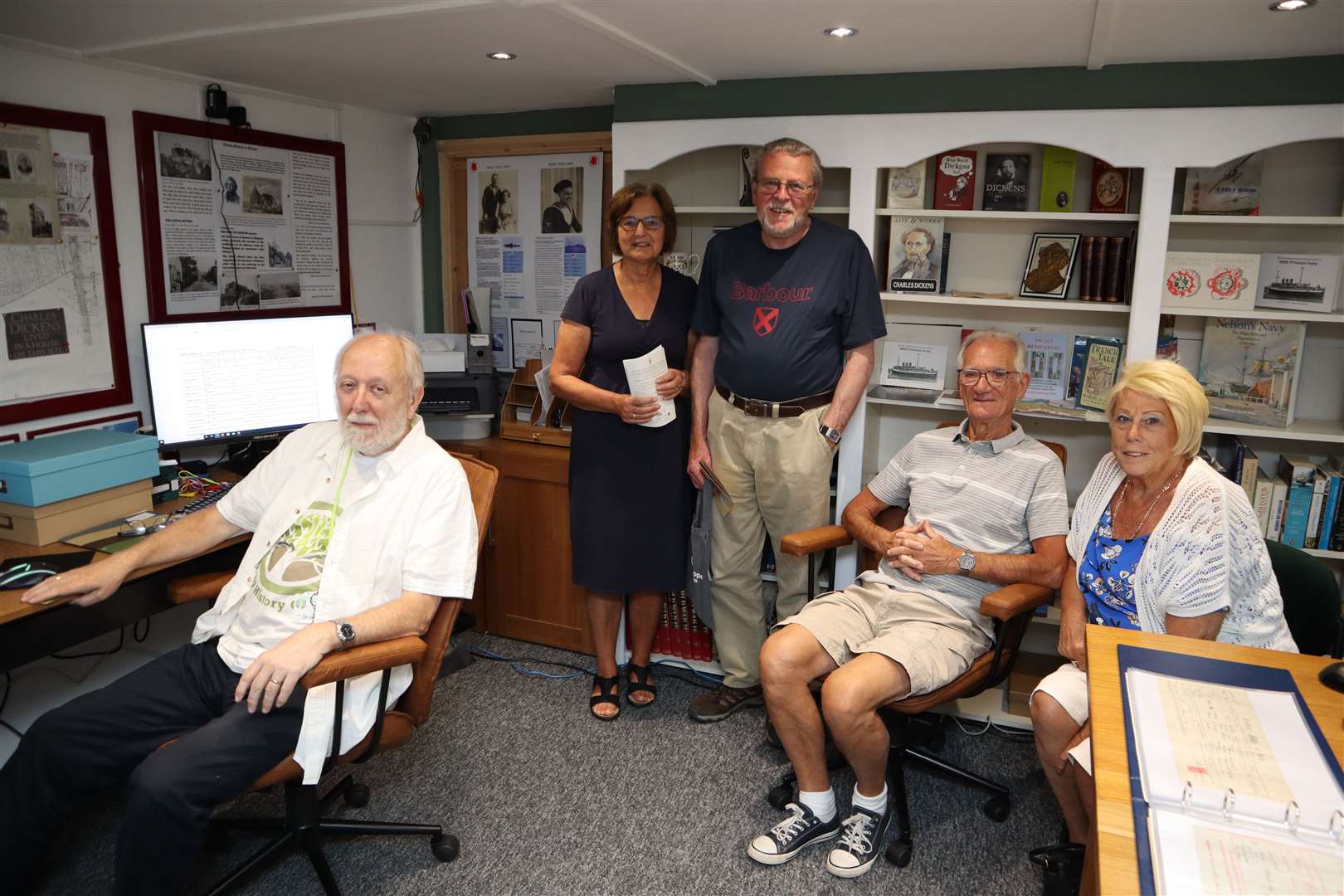 Graham Martin in the family research room upstairs at the Criterion Theatre with Helen and Nick James and Derek Mills and Thelma Winikajtis