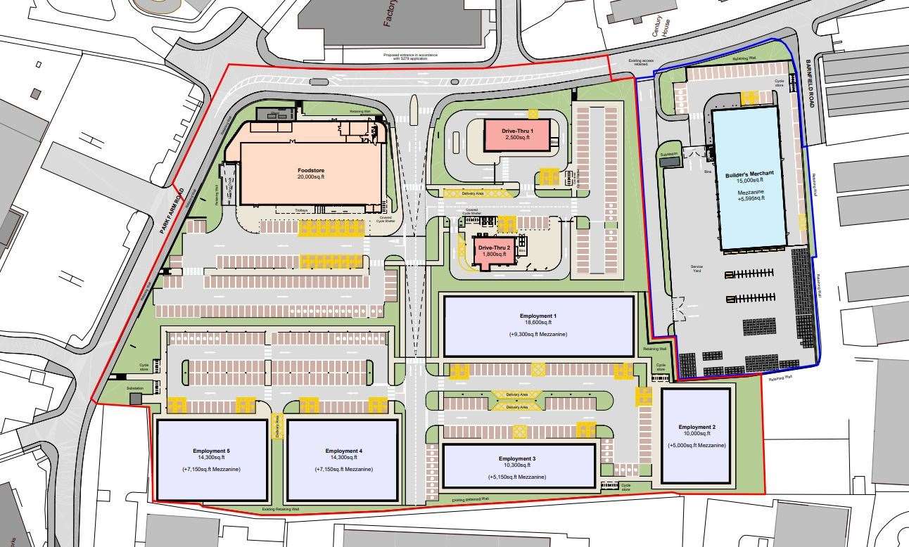 The current masterplan for the former Silver Spring site in Folkestone; it now includes a supermarket, two drive-thrus, five business units and a builder’s merchant. Picture: Corstorphine & Wright