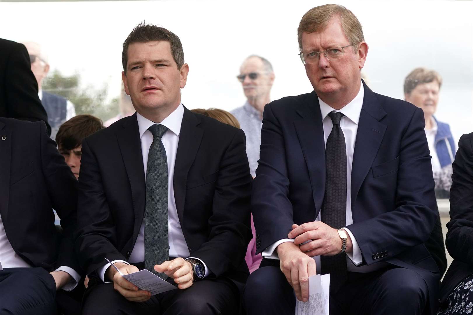 ireland’s Minister of State for European Affairs Peter Burke (left) and Lord Jonathan Caine, representing the British government, during a service to mark the 25th anniversary of the bombing that devastated Omagh in 1998 (Brian Lawless/PA)