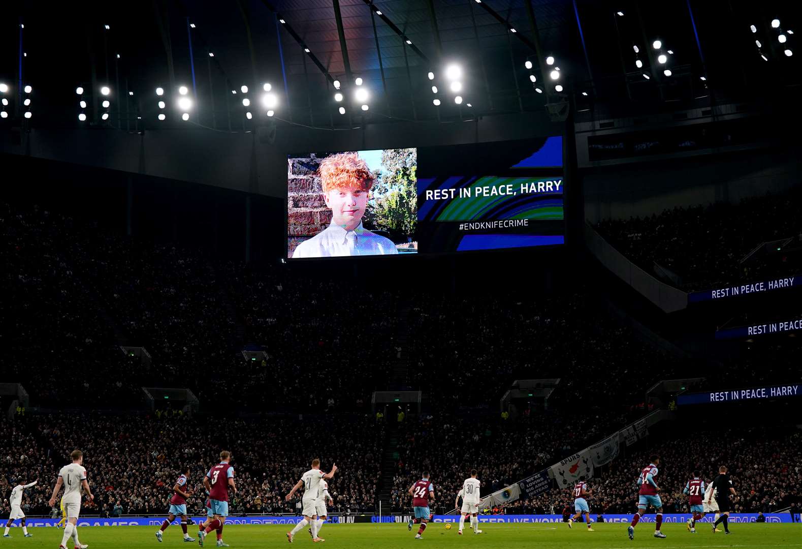 A tribute to 16-year-old Harry Pitman was shown on screen during a match at the Tottenham Hotspur Stadium on Friday (Bradley Collyer/PA)