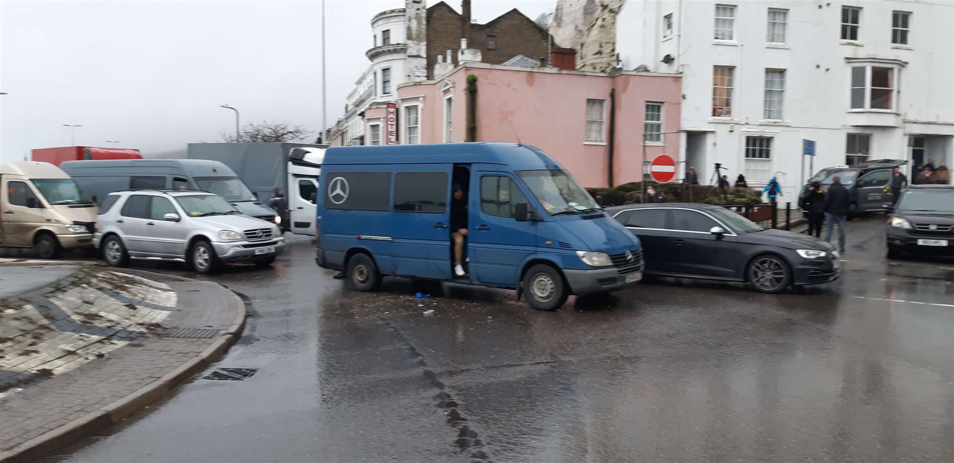 Traffic is at a standstill on the docks roundabout on December 23.