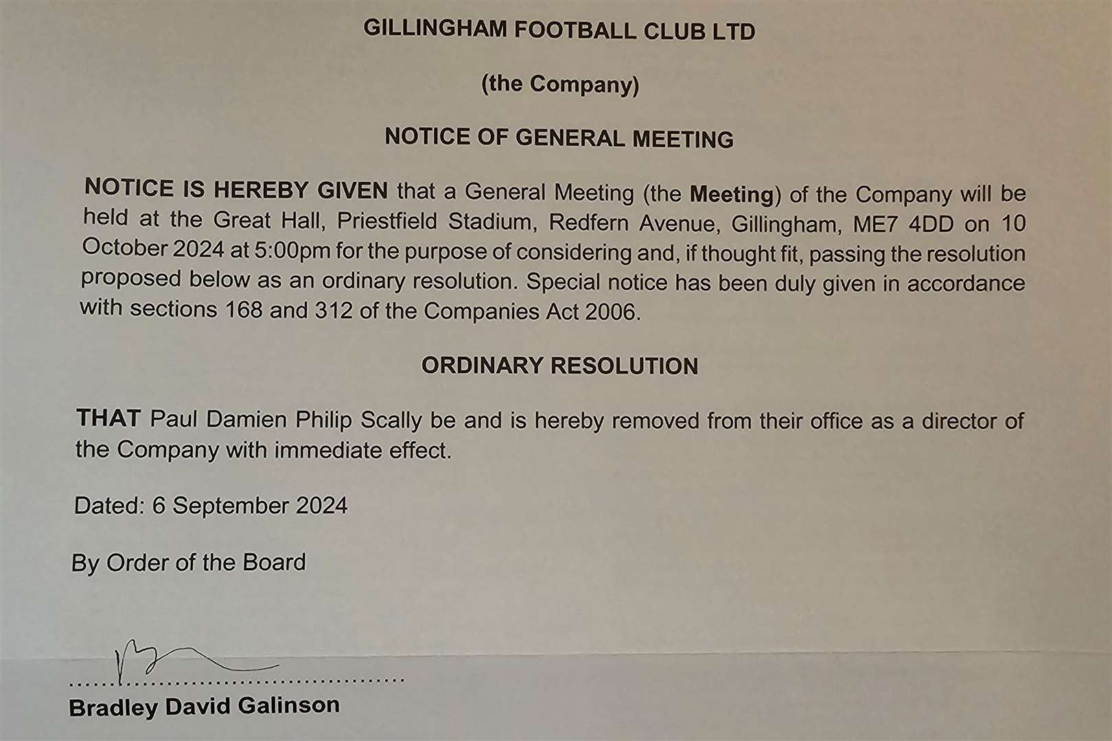 The letter sent to shareholders this week by club chairman Brad Galinson