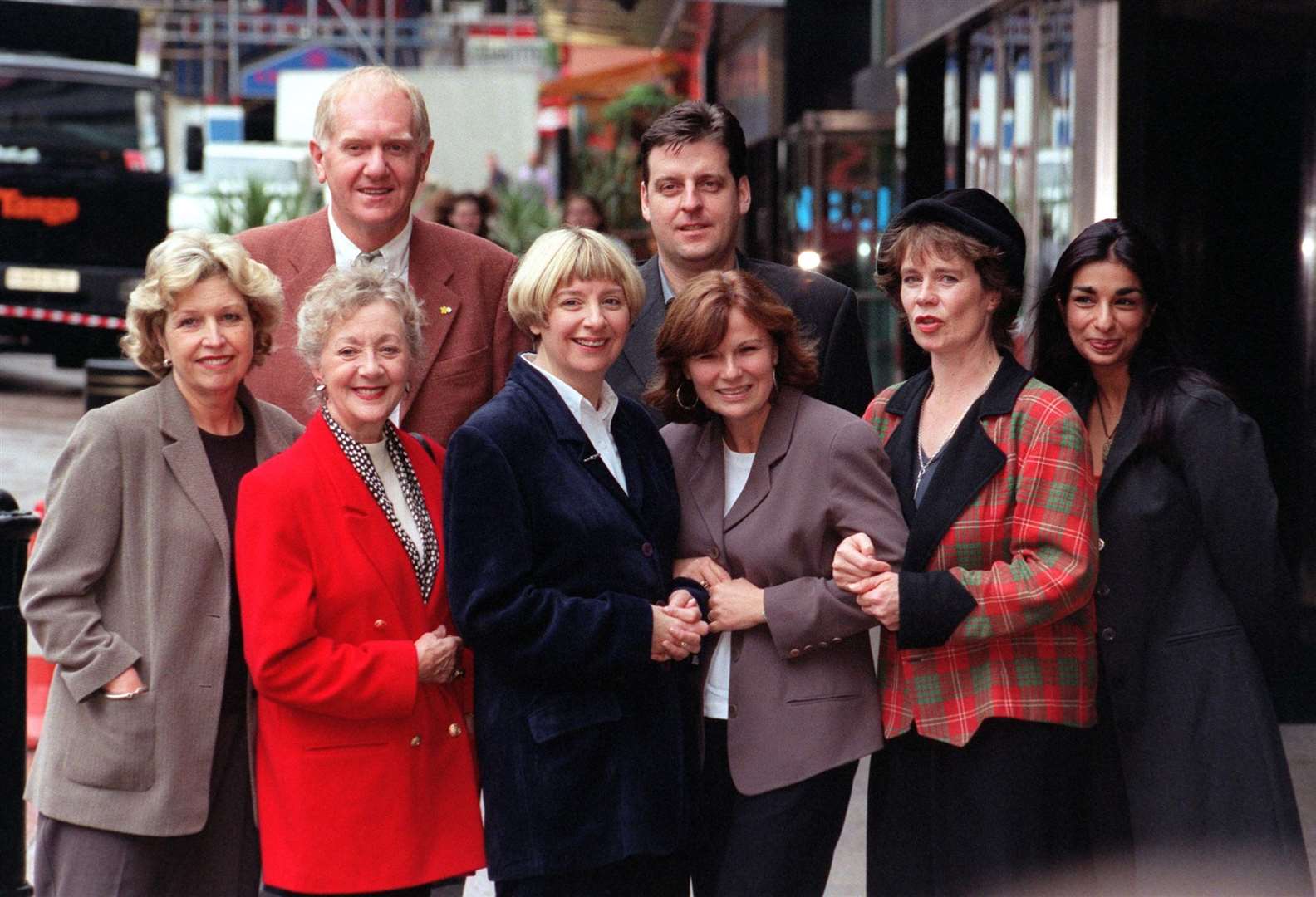 The cast of Dinnerladies, (l/r front) Anne Reid, Thelma Barlow, Victoria Wood, Dame Julie Walters, Celia Imrie and Shobna Gulati (l/r back) Duncan Preston and Andrew Dunn (Matthew Fearn/PA)