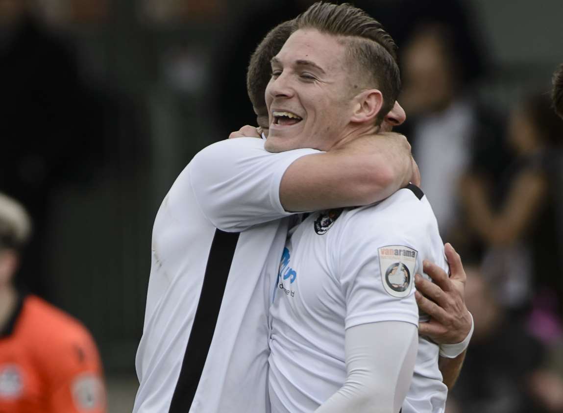 Two-goal Andy Pugh celebrates after scoring the first in the 5-3 win over Truro Picture: Andy Payton