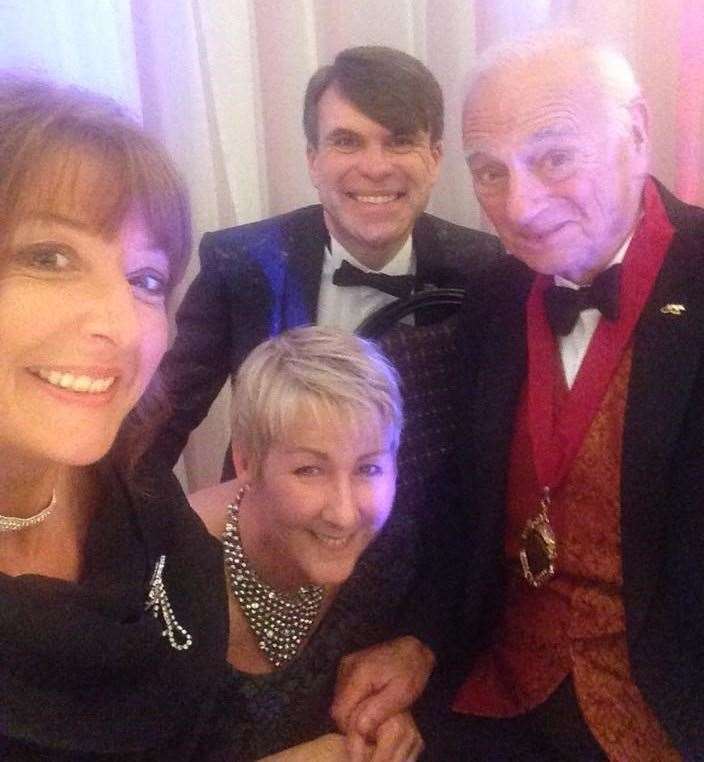 Dean Caston and Helen Caston, Chairman of The Oasthouse Theatre, Rainham with Roy Hudd and his wife, Debbie.