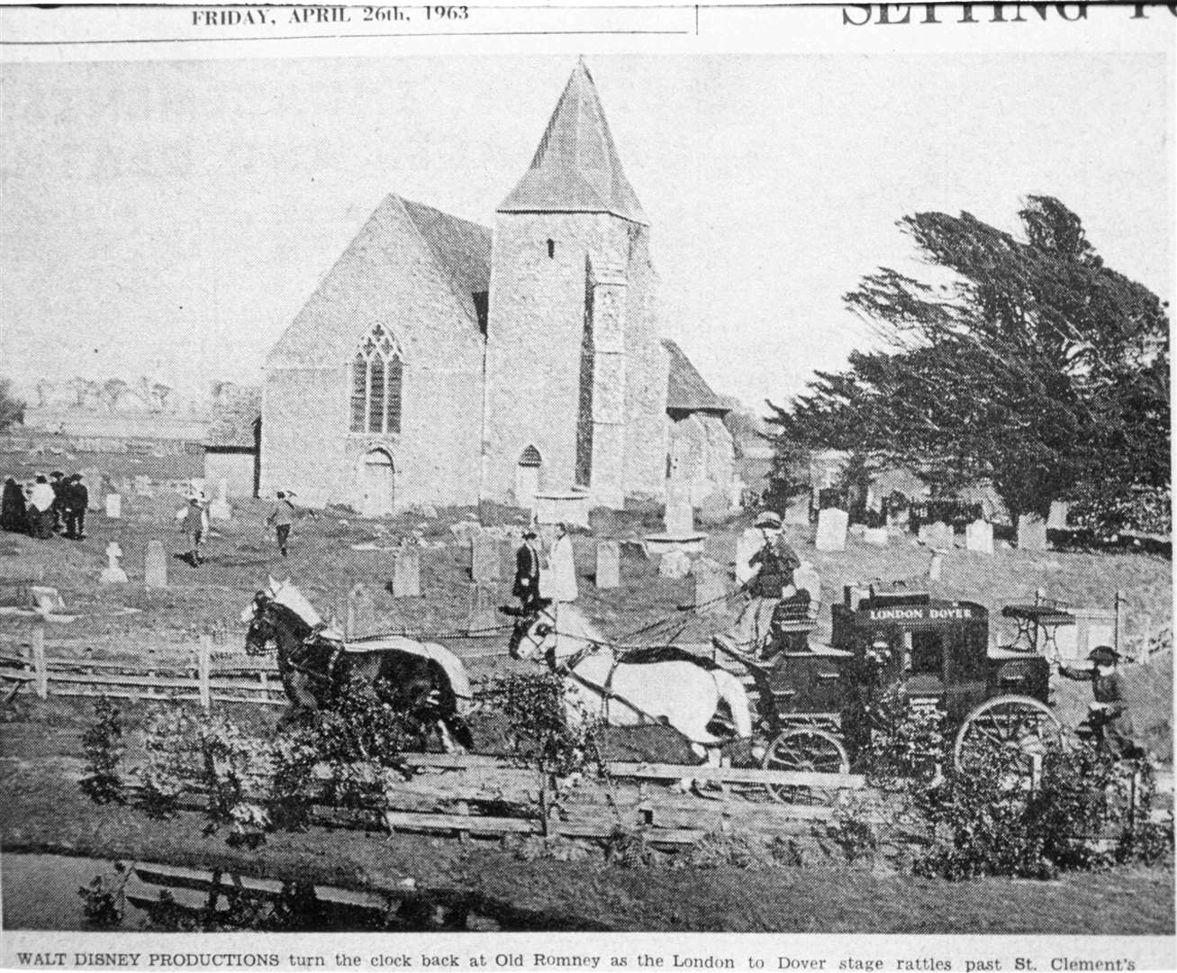 Disney film crews outside Old Romney's church when making the Dr Syn movie. Picture from the book 'Kent Our Century By the People Who Lived'