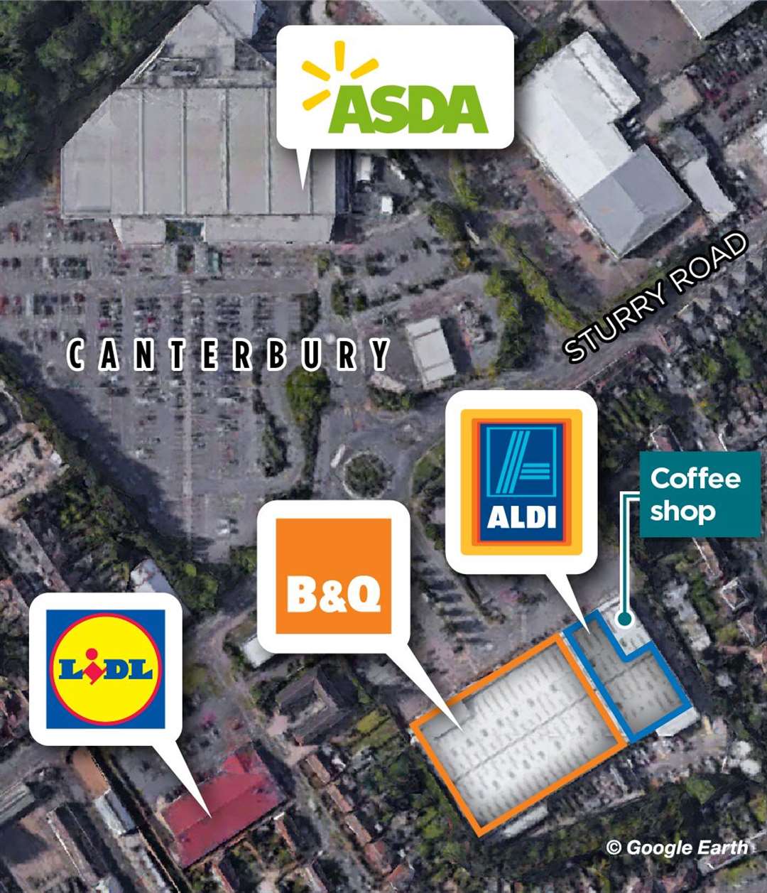 This shows how close the new Aldi in Canterbury will be to existing supermarkets