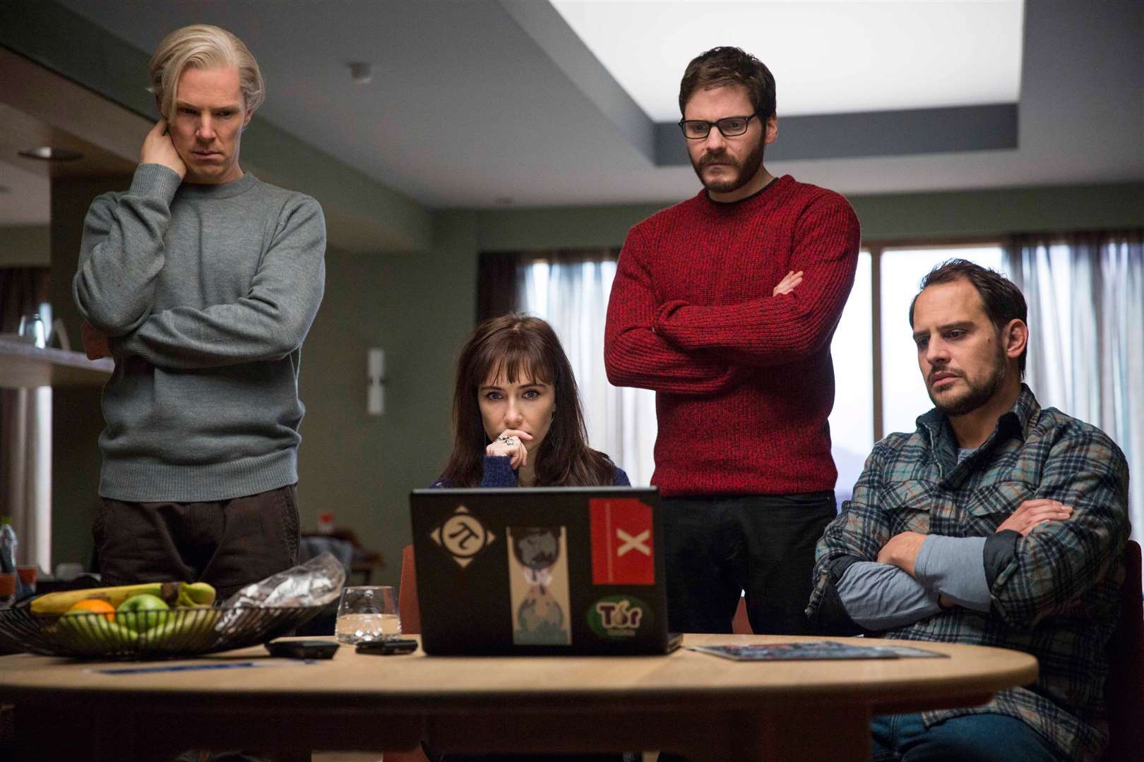 The Fifth Estate, with Benedict Cumberbatch as Julian Assange, Daniel Bruhl as Daniel Berg, Carice van Houten as Birgitta Jonsdottir and Moritz Bleibtreu as Marcus. Picture: PA Photo/Entertainment One.