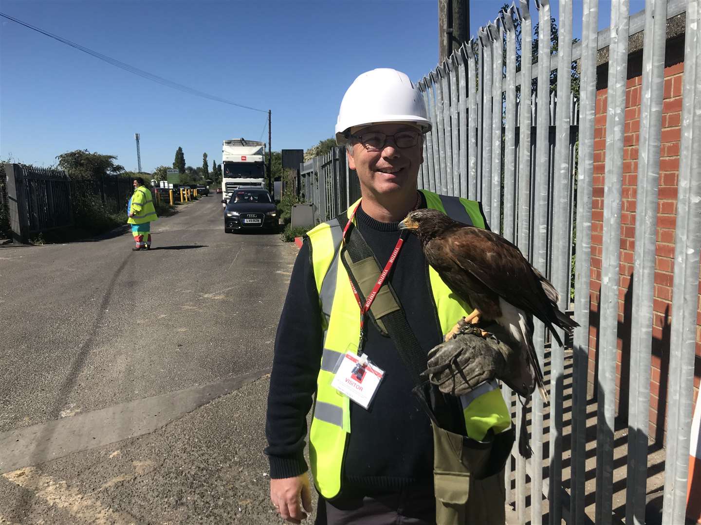 Gary Bartlett, of SkyHawk Pest Management, with Sky at Sittingbourne Recycling Centre