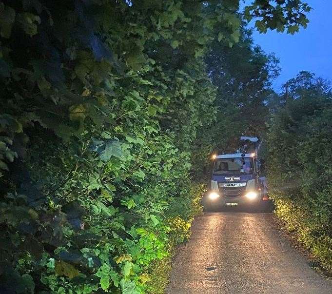 A lorry taking up the whole country lane in Walnut Hill Road, Istead Rise