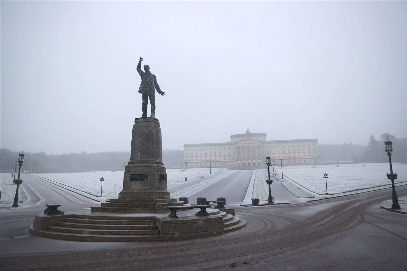 Snowy conditions at Parliament Buildings at Stormont in Belfast (Liam McBurney/PA)