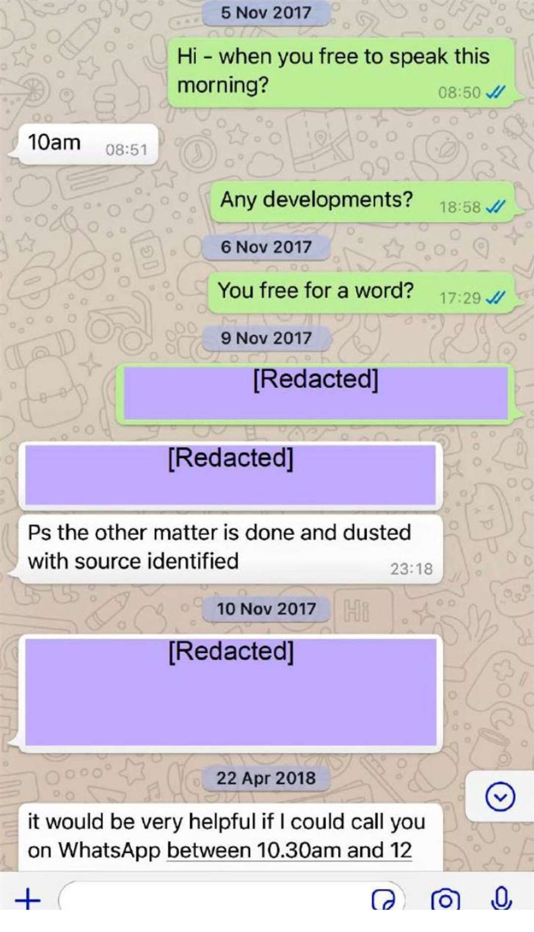 WhatsApp messages between Nicola Sturgeon (in green) and Alex Salmond (Scottish Parliament/PA)