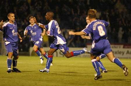 Darren Byfield celebrates making it 1-1 with his team-mates. Picture: ANDY PAYTON