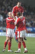 PARTNERSHIP: Francis Jeffers is congratulated after setting up Shaun Bartlett's goal against Birmingham. Picture: MATT WALKER