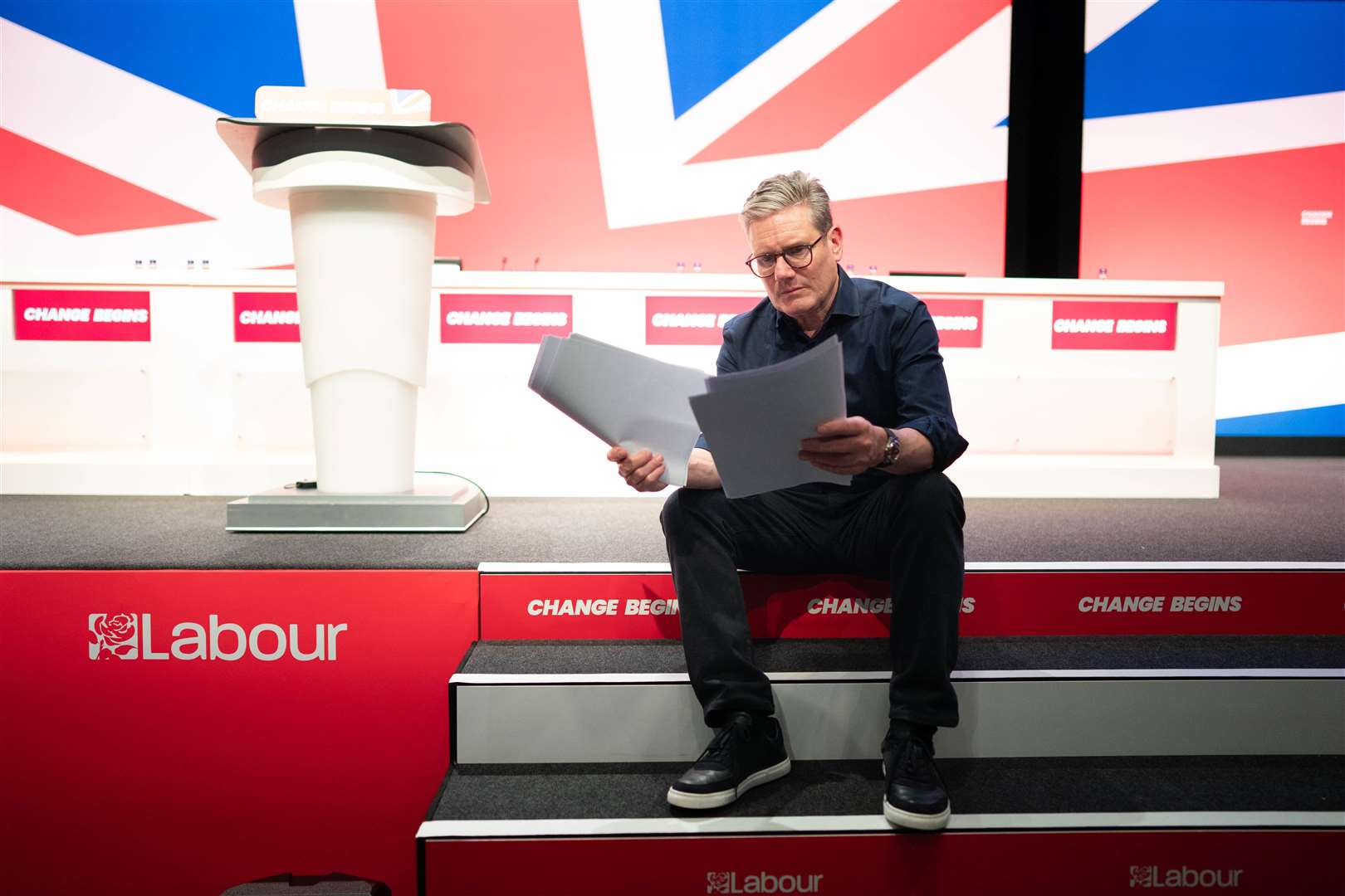 Prime Minister Sir Keir Starmer rehearses his keynote speech to the Labour conference (Stefan Rousseau/PA)