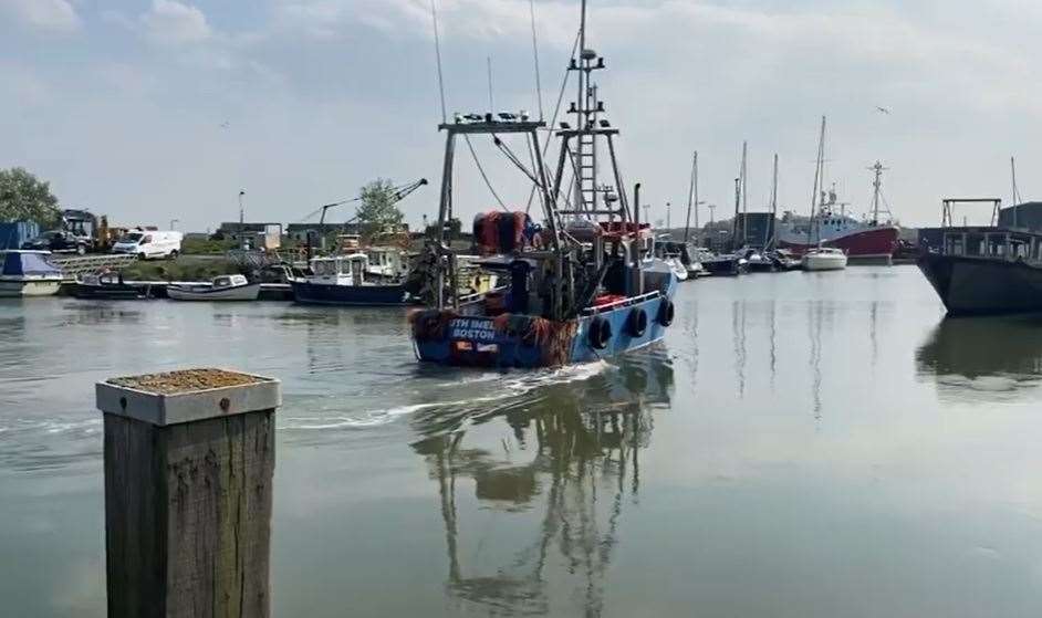 Two Suns trawler leaving harbour at Queenborough, Sheppey