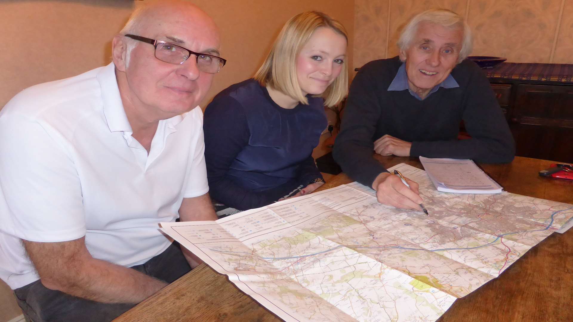 Del Cook and Ray Golland of Maidstone Ramblers join Sophie Wallace of the KM Charity Team to plan the 2015 KM Charity Walk.