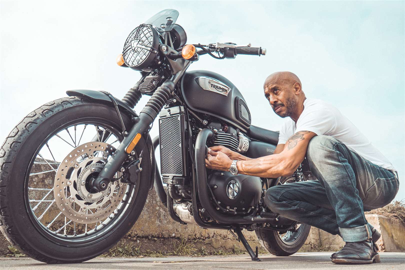 Mr Leal said his family were one of the first black biking families in the UK, and he still rides a Triumph Bonneville to this day. (Edgar Bogdanovas/Wayne Leal)