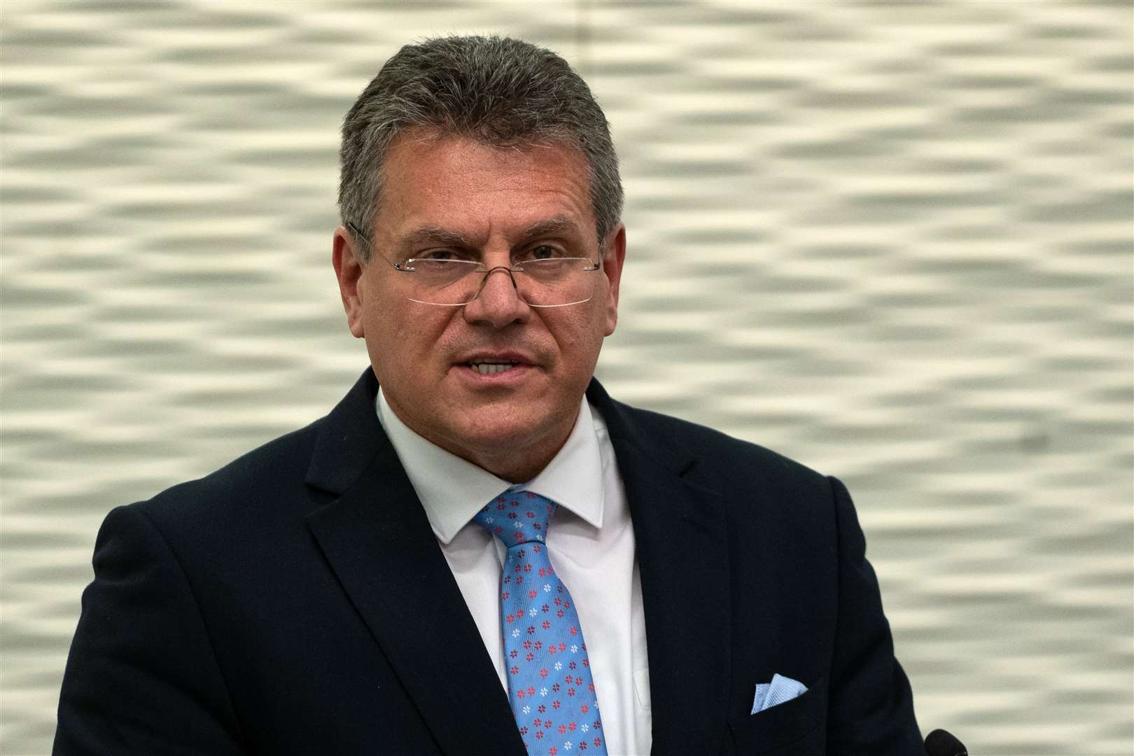 Handout photo issued by the European Commission of European Commission vice-president Maros Sefcovic speaking to the media during a press conference at Europe House in Central London (Niklas Halle/European Commission/PA)