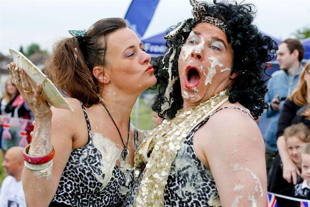 Annual Custard Pie Championships, Coxheath. Lorna Curran and Paul Bettsworth. Picture by: Matthew Walker