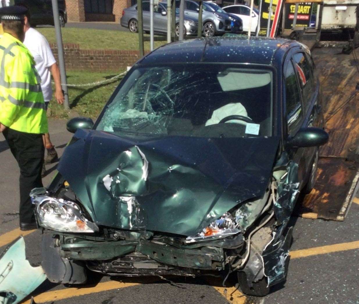 The wreckage of one of the cars involved in the accident at Larkfield