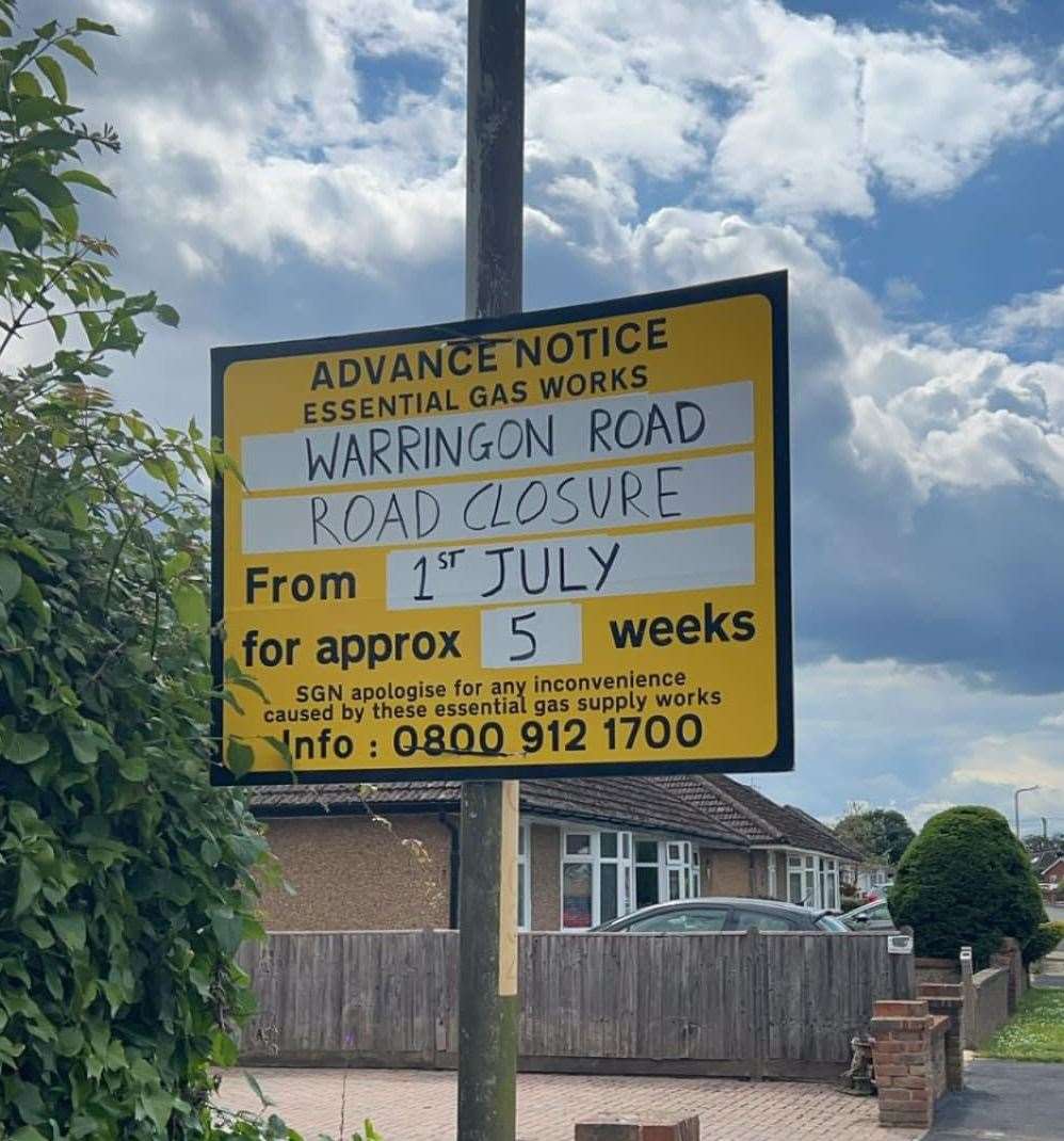 The advance notice of essential works on Warrington Road in Paddock Wood. Photo: Soph Jane