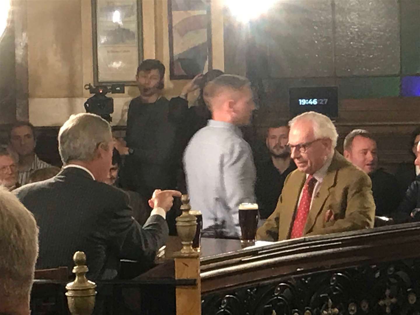 Nigel Farage and David Starkey prepare to go live on air over a pint