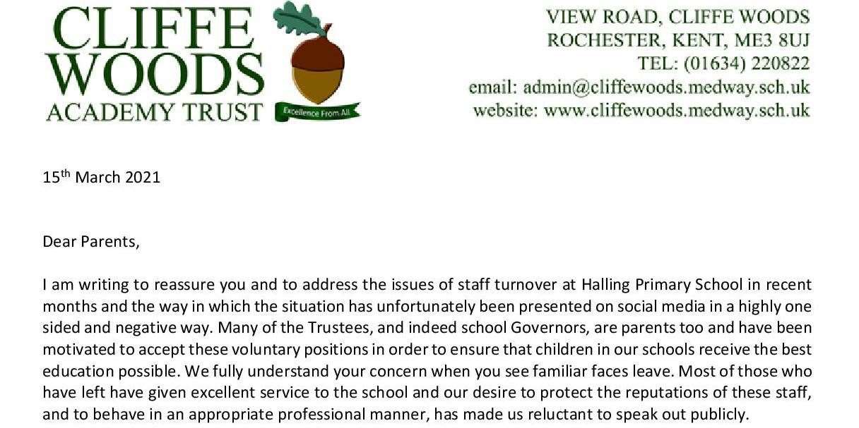 A letter was sent to parents at Halling Primary School by chair of trustees Antonia Nunns