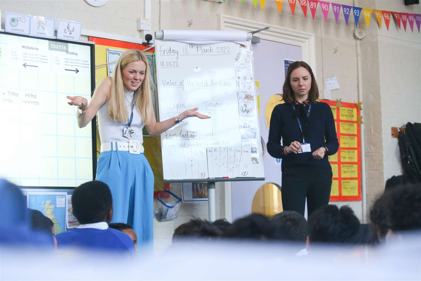 Early career teacher Katie Juckes (left) with early career teacher mentor Skaiste Anuzyte-Becker, during a Year 4 maths lesson at King Soloman Younger Years site in Paddington (PA)