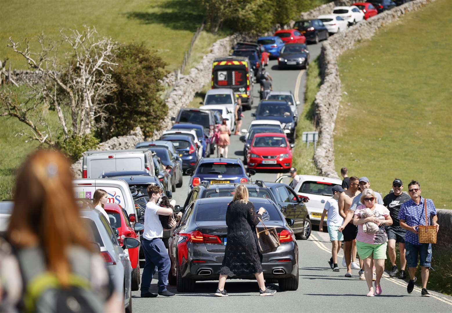 Gridlock stretches on a road in Burnsall in the Yorkshire Dales (Danny Lawson/PA)