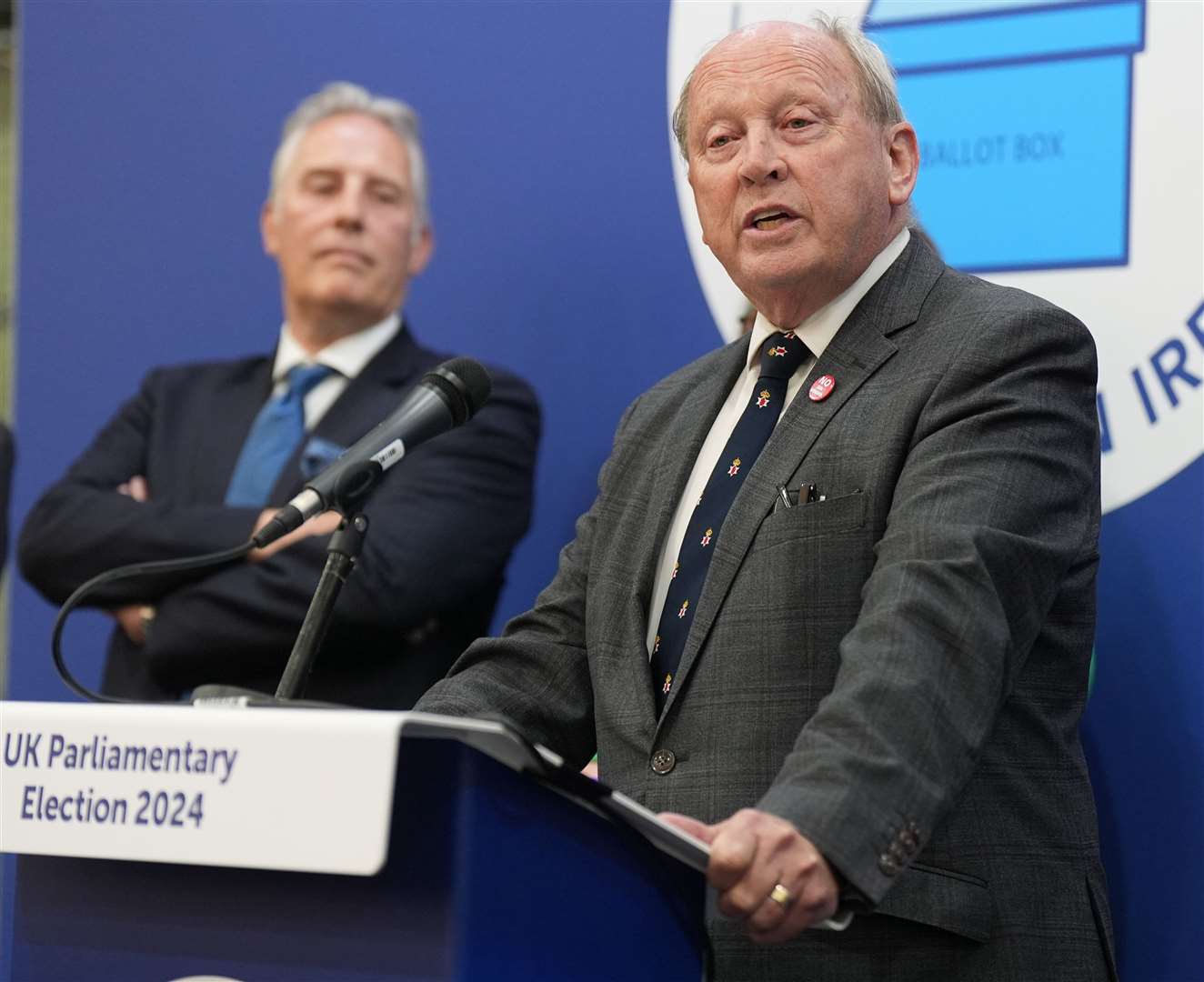 Jim Allister of the TUV makes a speech after being elected in North Antrim (Niall Carson/PA)